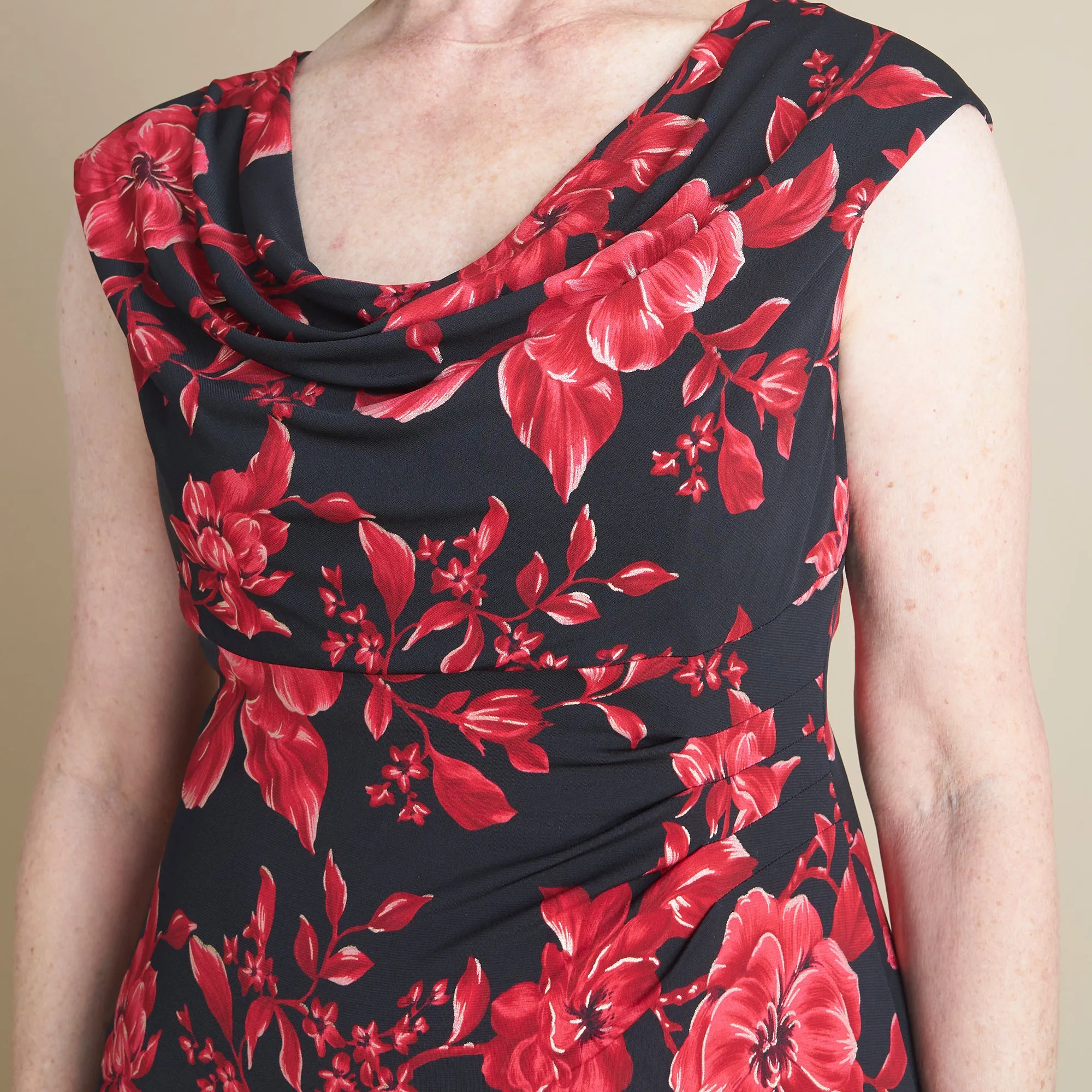 Tonya Red Floral Cowl Neck Midi Dress