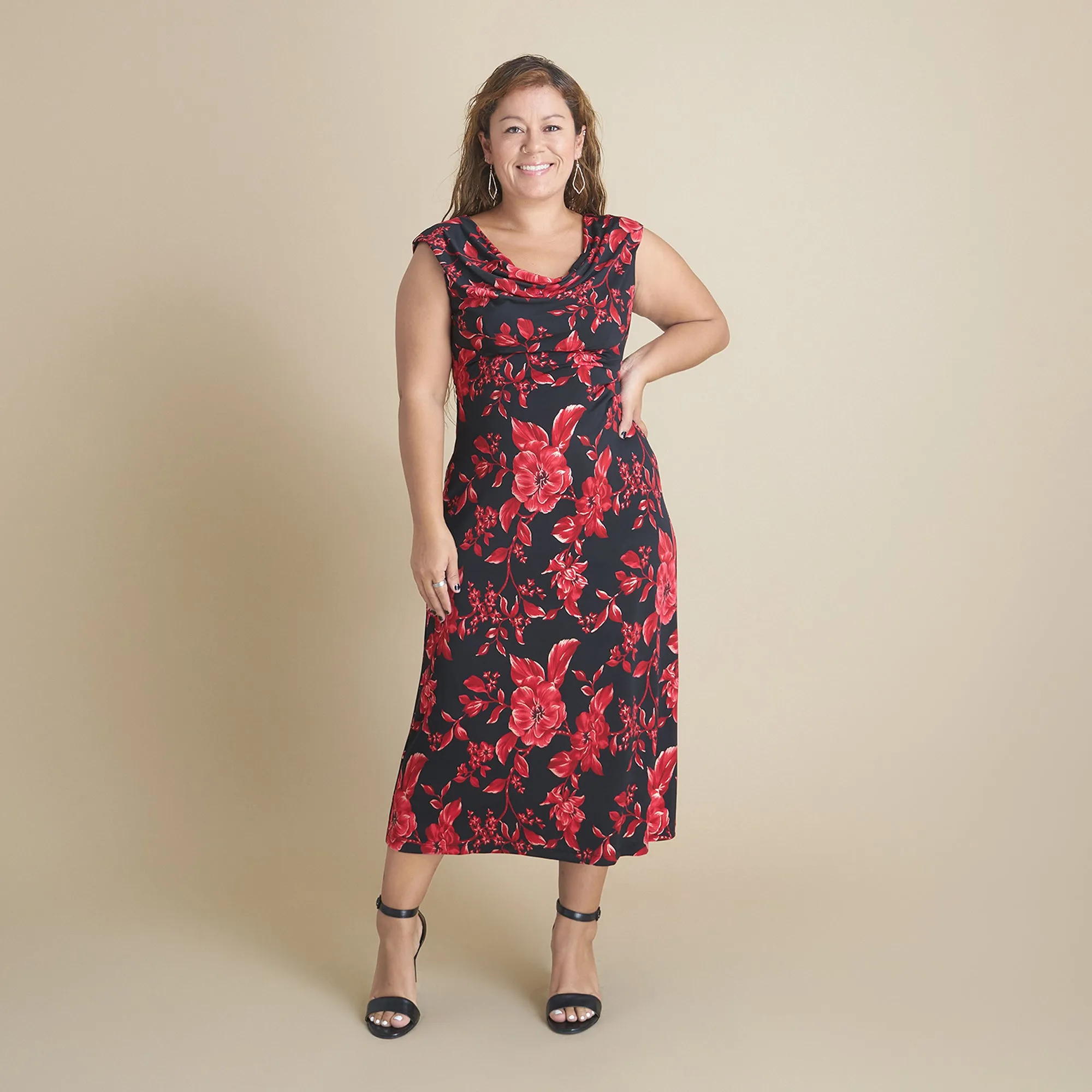 Tonya Red Floral Cowl Neck Midi Dress