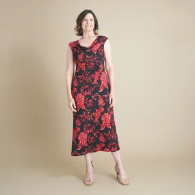 Tonya Red Floral Cowl Neck Midi Dress