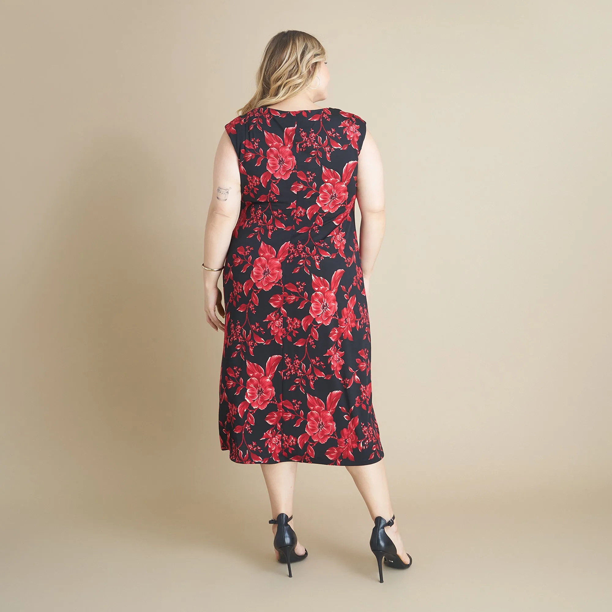 Tonya Red Floral Cowl Neck Midi Dress