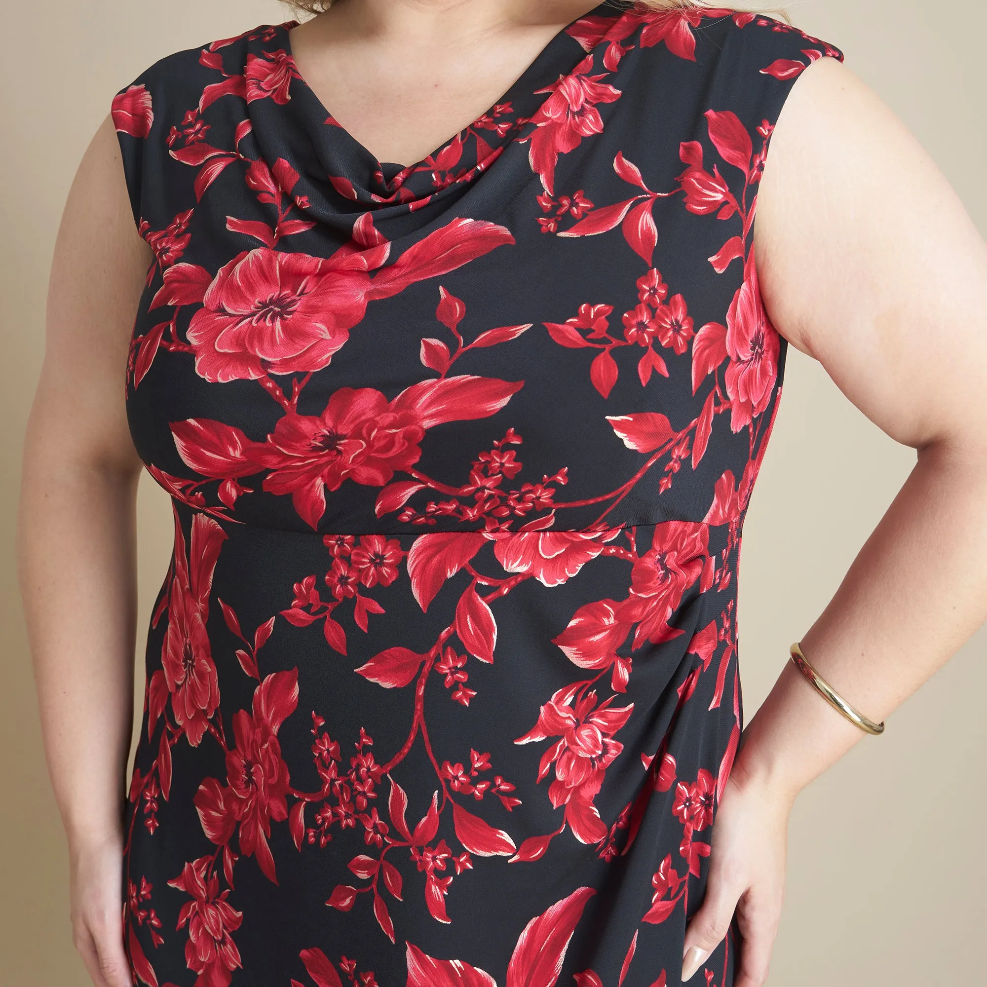 Tonya Red Floral Cowl Neck Midi Dress