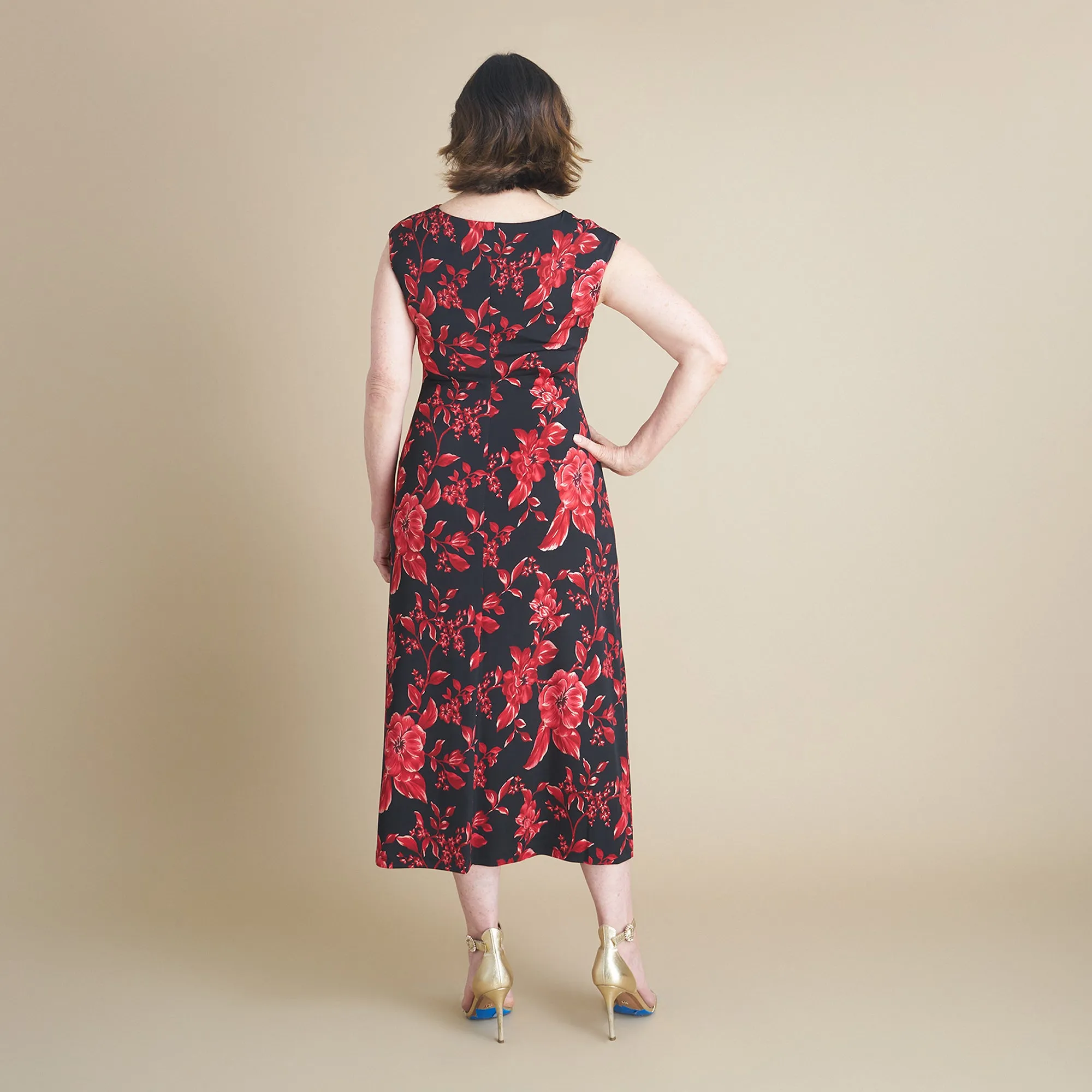 Tonya Red Floral Cowl Neck Midi Dress