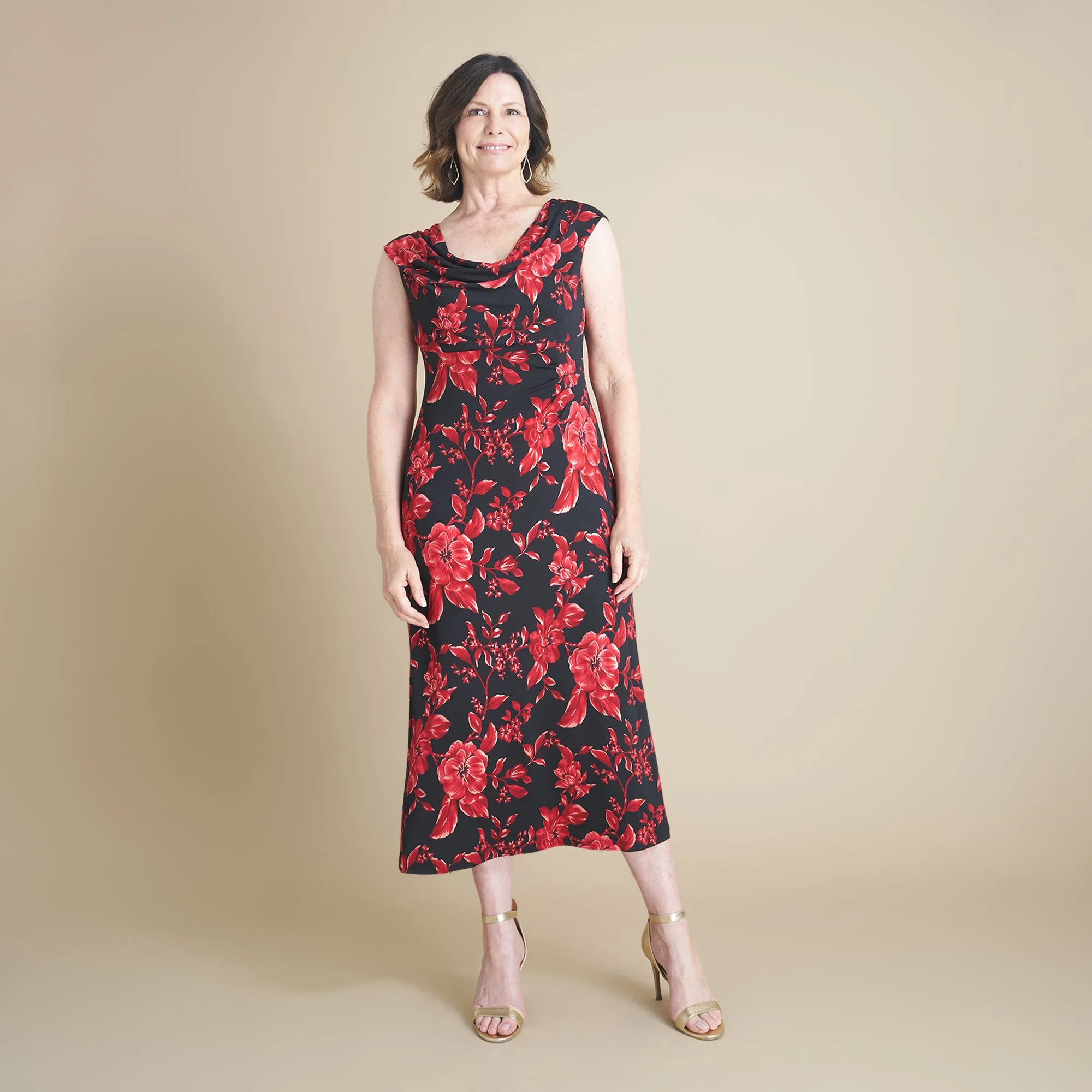 Tonya Red Floral Cowl Neck Midi Dress