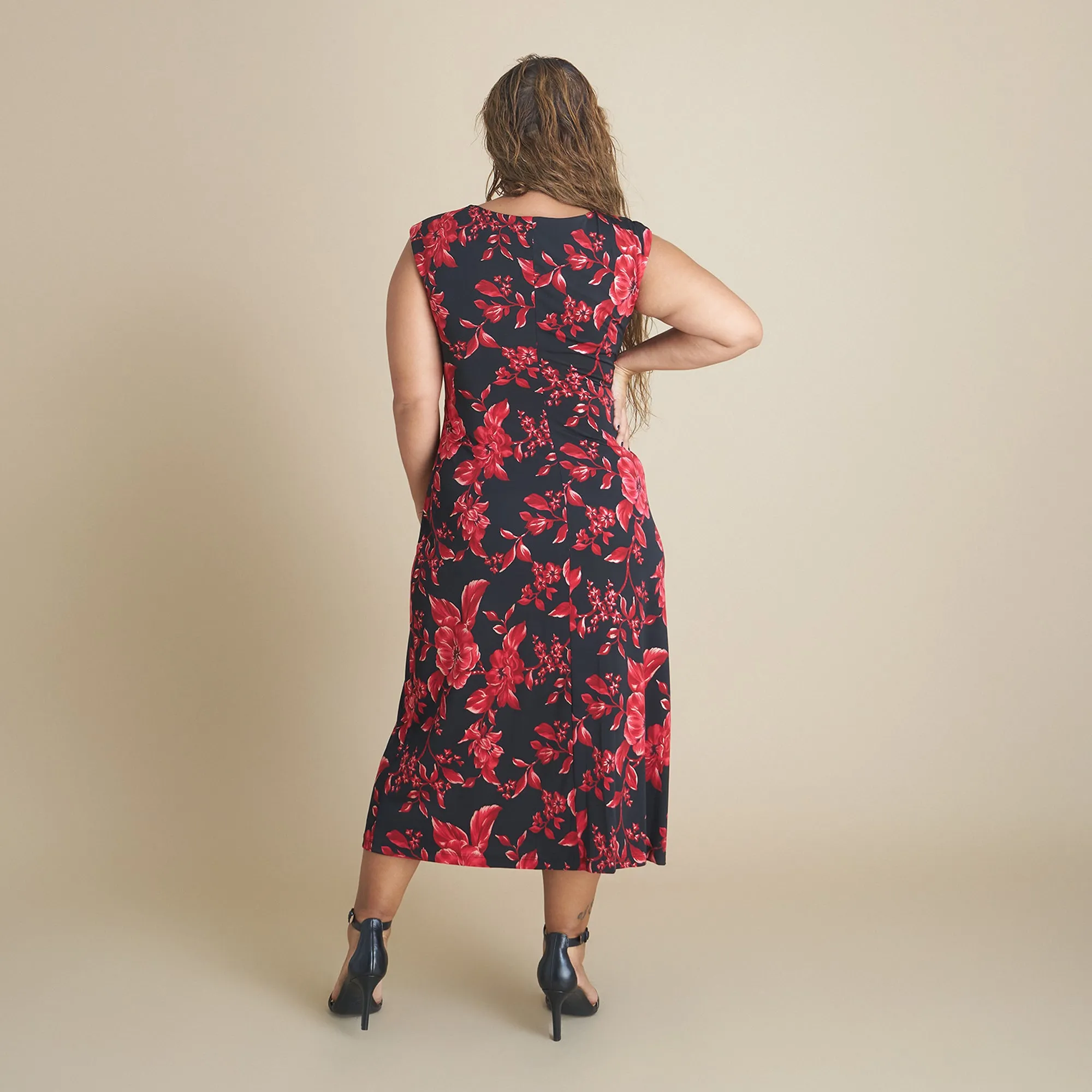 Tonya Red Floral Cowl Neck Midi Dress