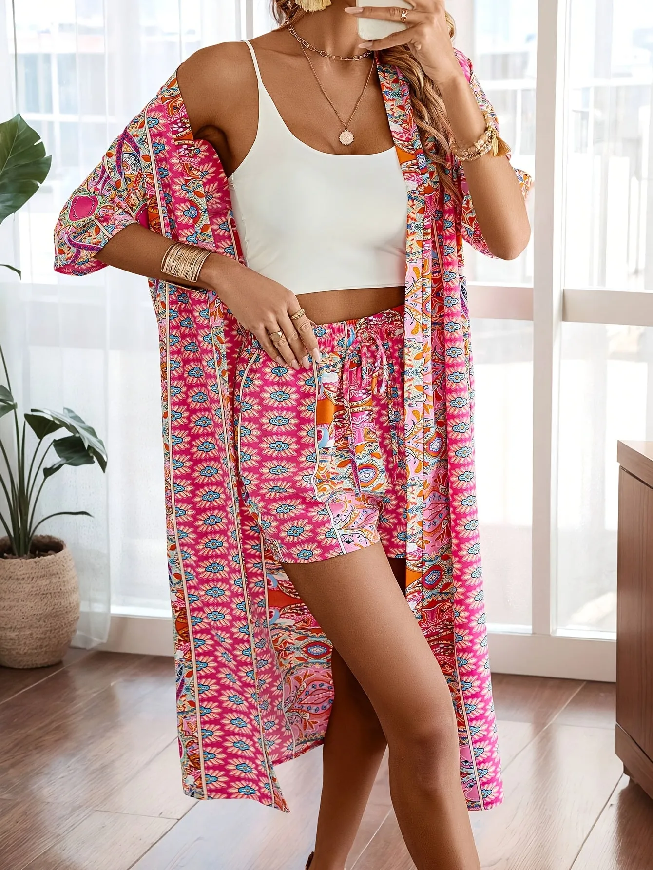 Tribal Print Outfit Set - Stylish Short Sleeves, Open Front, Flowy Long Length Top, High Waist Shorts with Slant Pockets - Perfect for Womens Vacation and Travel with Unique Tribal Print Design