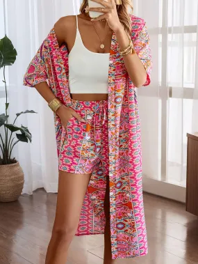 Tribal Print Outfit Set - Stylish Short Sleeves, Open Front, Flowy Long Length Top, High Waist Shorts with Slant Pockets - Perfect for Womens Vacation and Travel with Unique Tribal Print Design