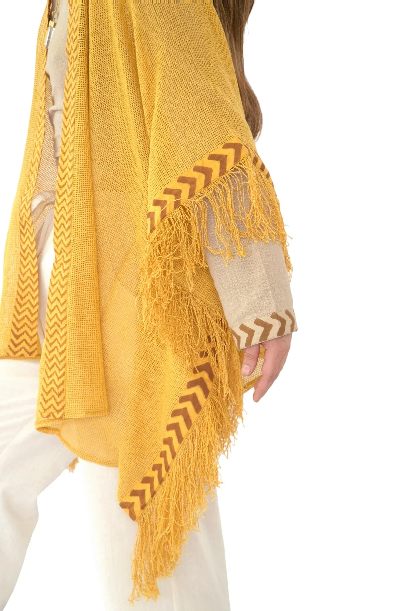 Turmeric Mesh Open Poncho with Fringe