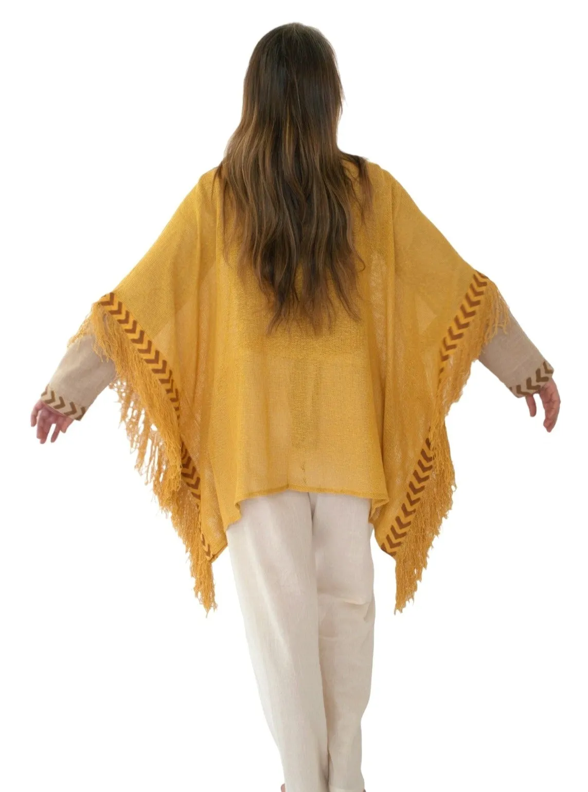 Turmeric Mesh Open Poncho with Fringe