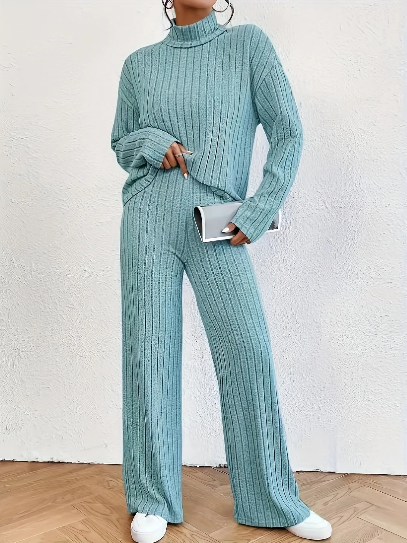 Two-Piece Outfit Set - Soft Solid Ribbed Fabric, Flattering Mock Neck T-shirt, Flowy Wide Leg Pants for Casual Everyday Wear - Womens Comfortable Clothing