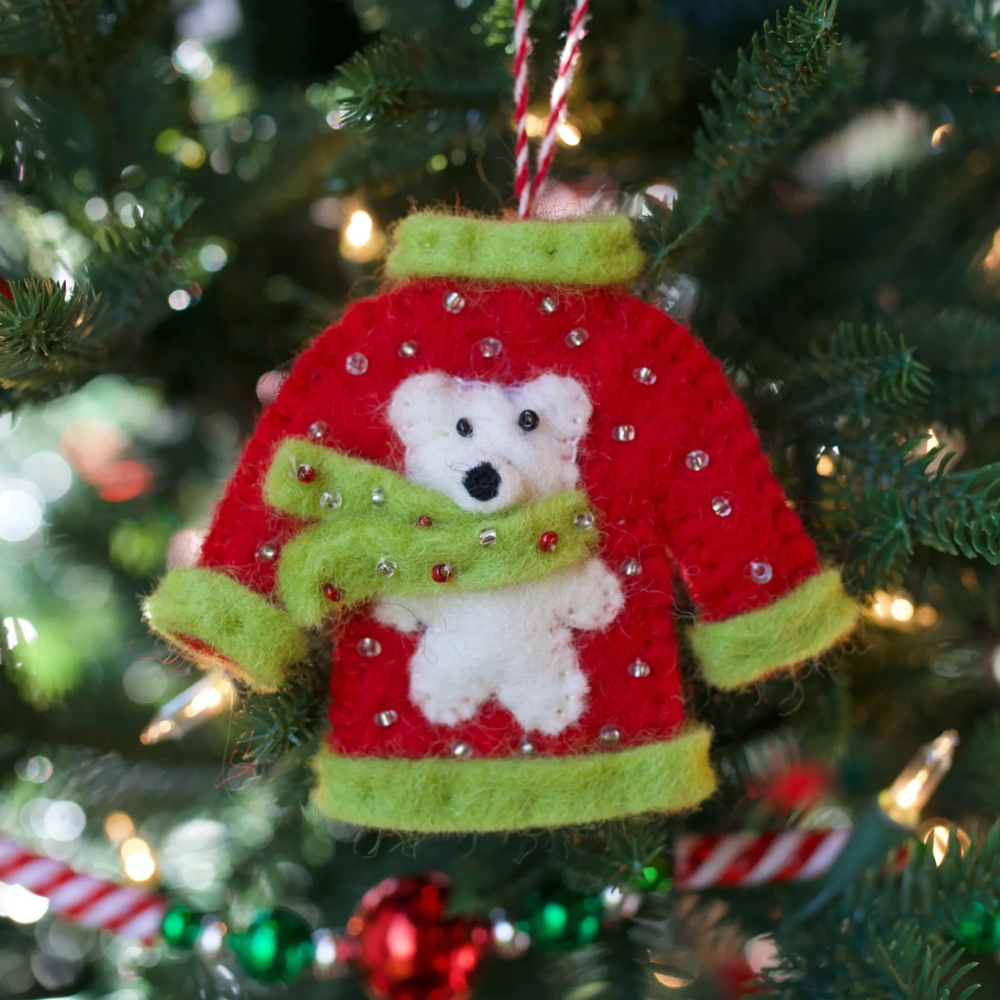 Ugly Christmas Sweater Polar Bear Ornament, Felt Wool