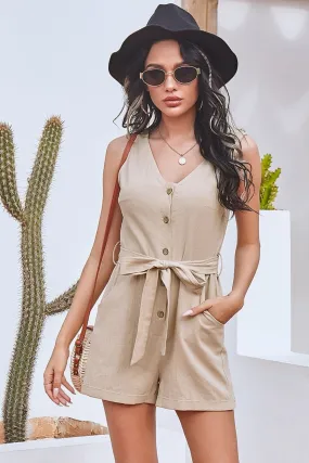 V-Neck Button Belt Jumpsuit