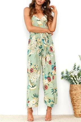 V Neck Floral Slit Jumpsuit - Green