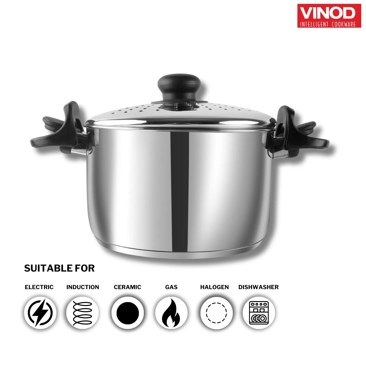 Vinod Stainless Steel Pasta/Noodle Pot with Strainer Lid, Sturdy Lockable Virgin Bakelite Handles, 2 Year Warranty, Silver 6.8 litres