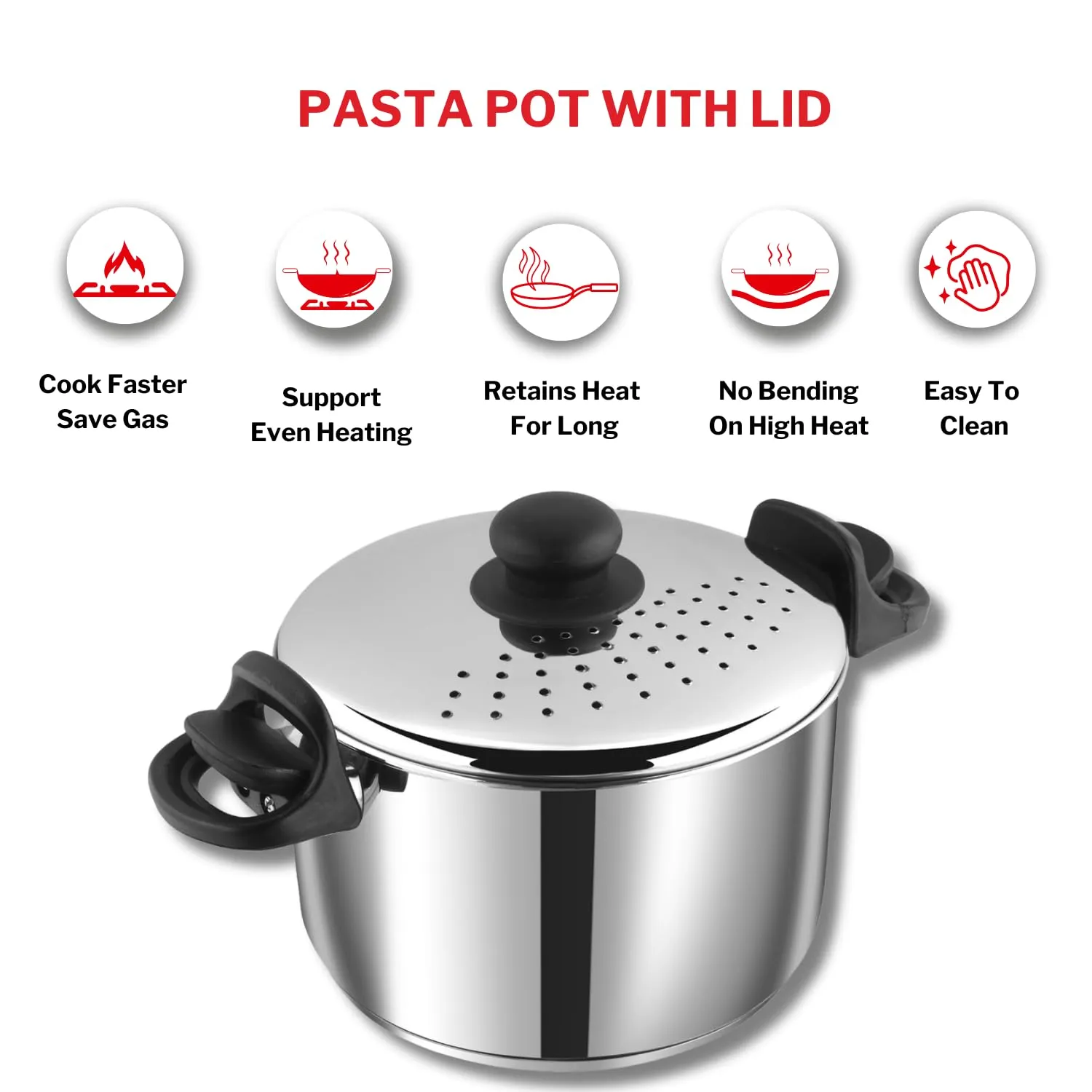 Vinod Stainless Steel Pasta/Noodle Pot with Strainer Lid, Sturdy Lockable Virgin Bakelite Handles, 2 Year Warranty, Silver 6.8 litres