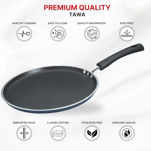 Vinod Zest Aluminium Non Stick Dosa Omni Tawa - 28cm | 3mm Extra Thick | 3 Layer Ceramic Coat | Bakelite Handle | Toxin Free | Gas Base - 1 Year Warranty