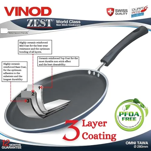 Vinod Zest Aluminium Non Stick Dosa Omni Tawa - 28cm | 3mm Extra Thick | 3 Layer Ceramic Coat | Bakelite Handle | Toxin Free | Gas Base - 1 Year Warranty