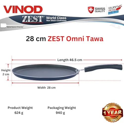 Vinod Zest Aluminium Non Stick Dosa Omni Tawa - 28cm | 3mm Extra Thick | 3 Layer Ceramic Coat | Bakelite Handle | Toxin Free | Gas Base - 1 Year Warranty