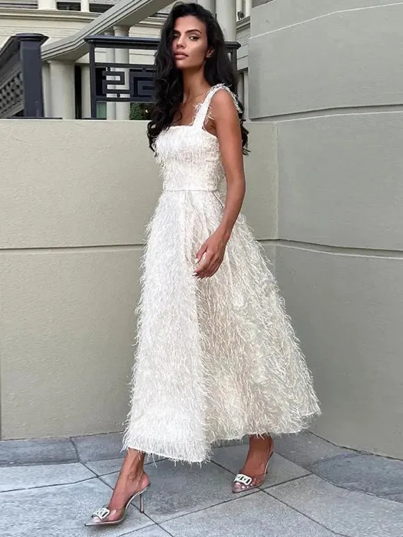 White Feather Midi Dress