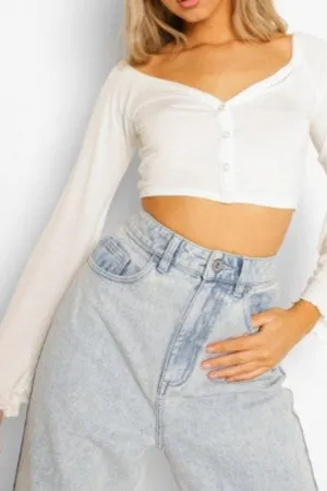 White Tall V-Neck Button Front Long Sleeve Crop Top