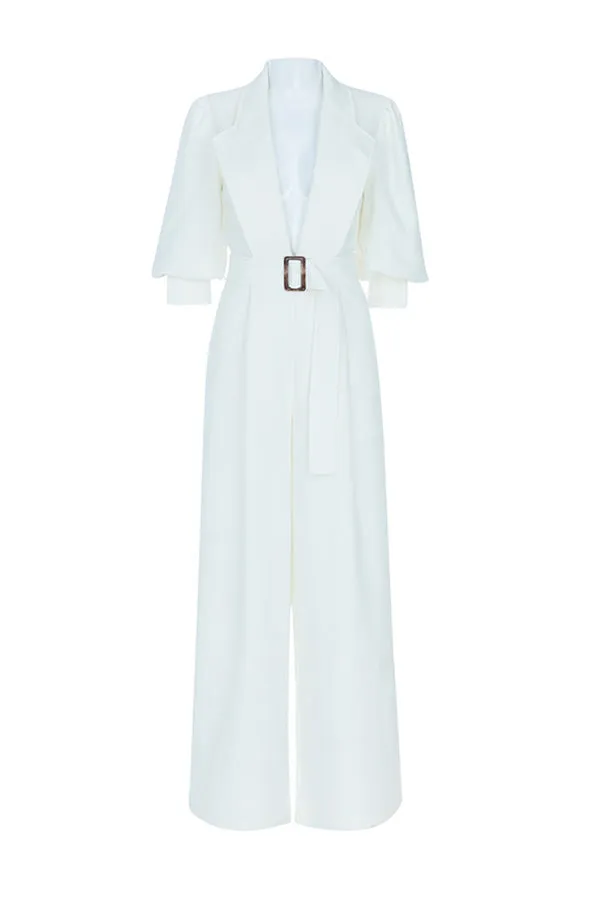 White V-neck Belt Wide-leg Jumpsuit