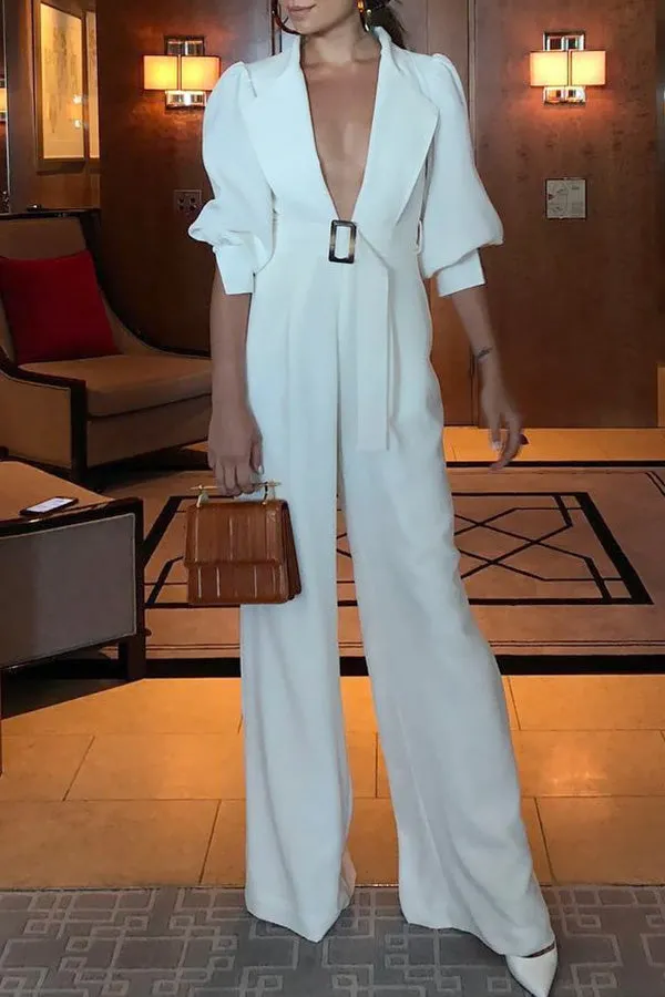 White V-neck Belt Wide-leg Jumpsuit