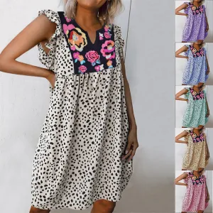 Women V-neck Leopard Chiffon Sleeveless Ruffle Tank Dress