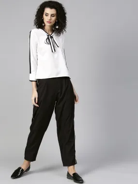 Women White & Black Solid Top With Trousers