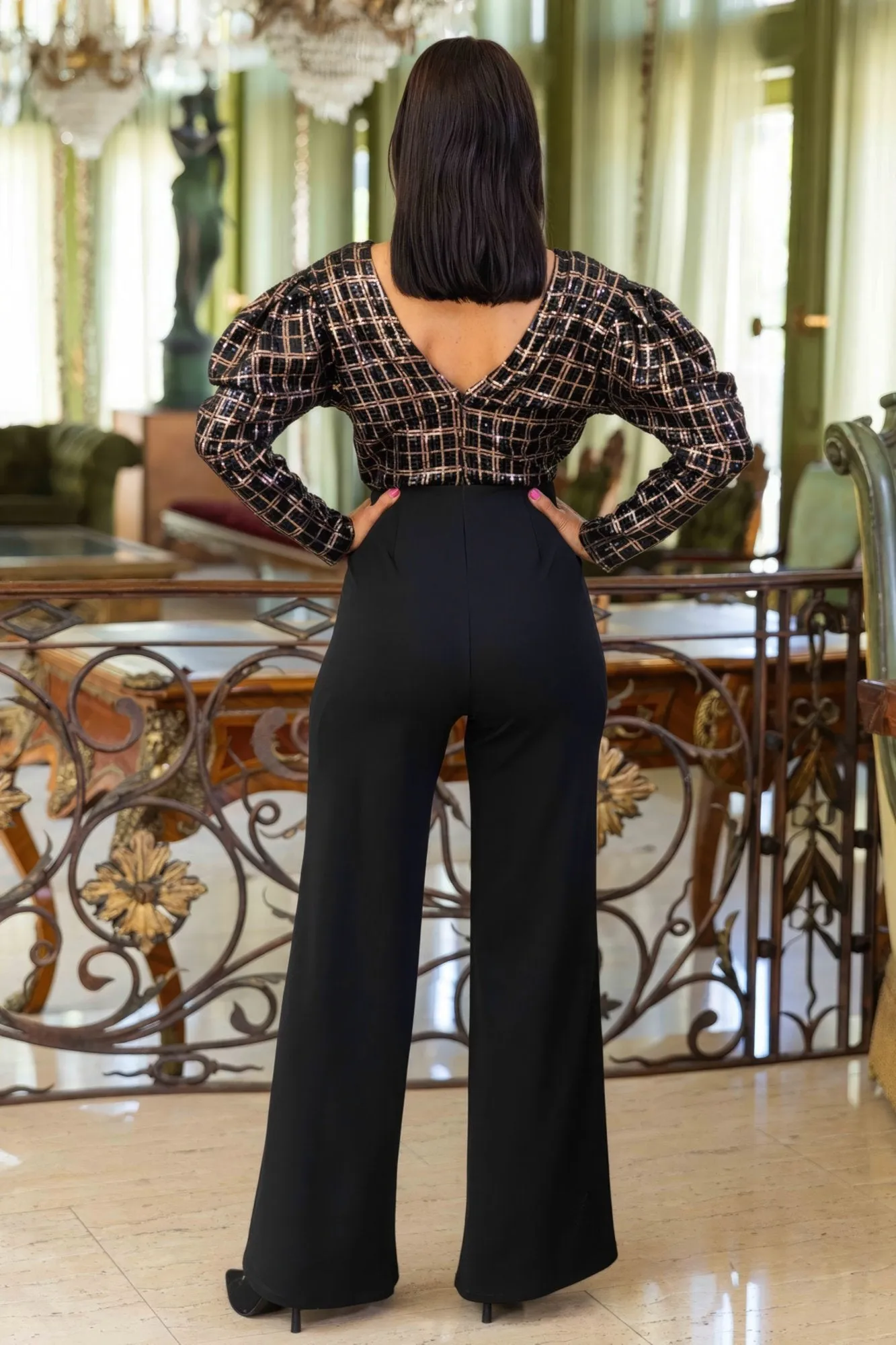 Women's Checker print sequin fashion jumpsuit