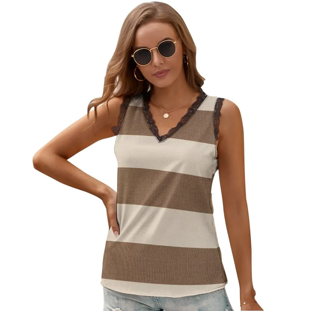 Women's Khaki-Striped V-Neck Tank Top