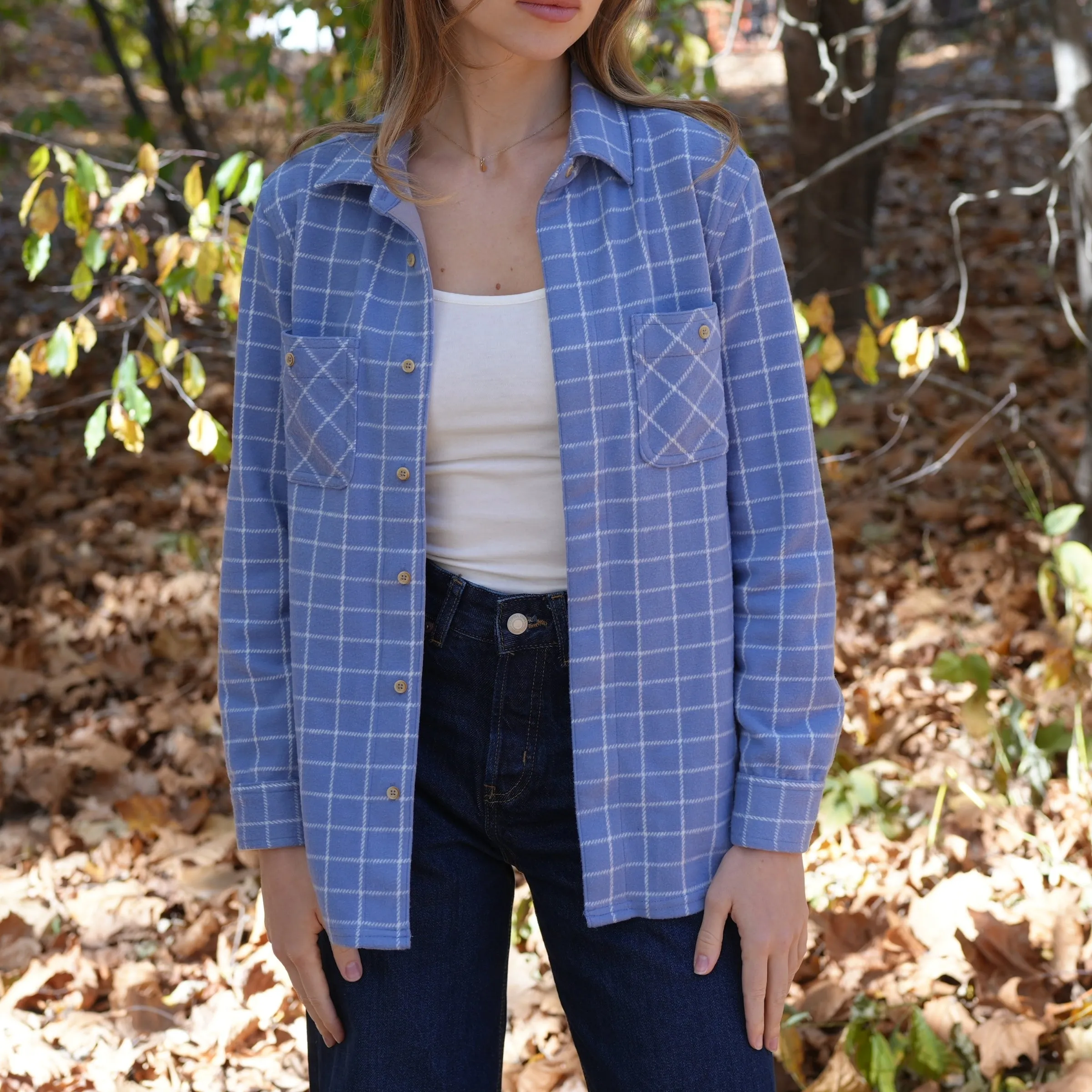 Women's Magnetic Front Curved Hem Blue and White Window Flannel Shirt