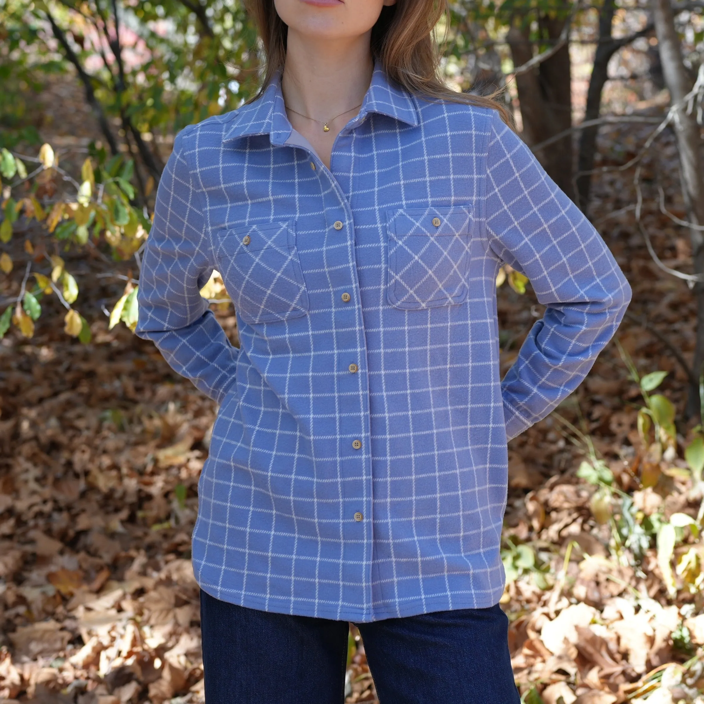 Women's Magnetic Front Curved Hem Blue and White Window Flannel Shirt