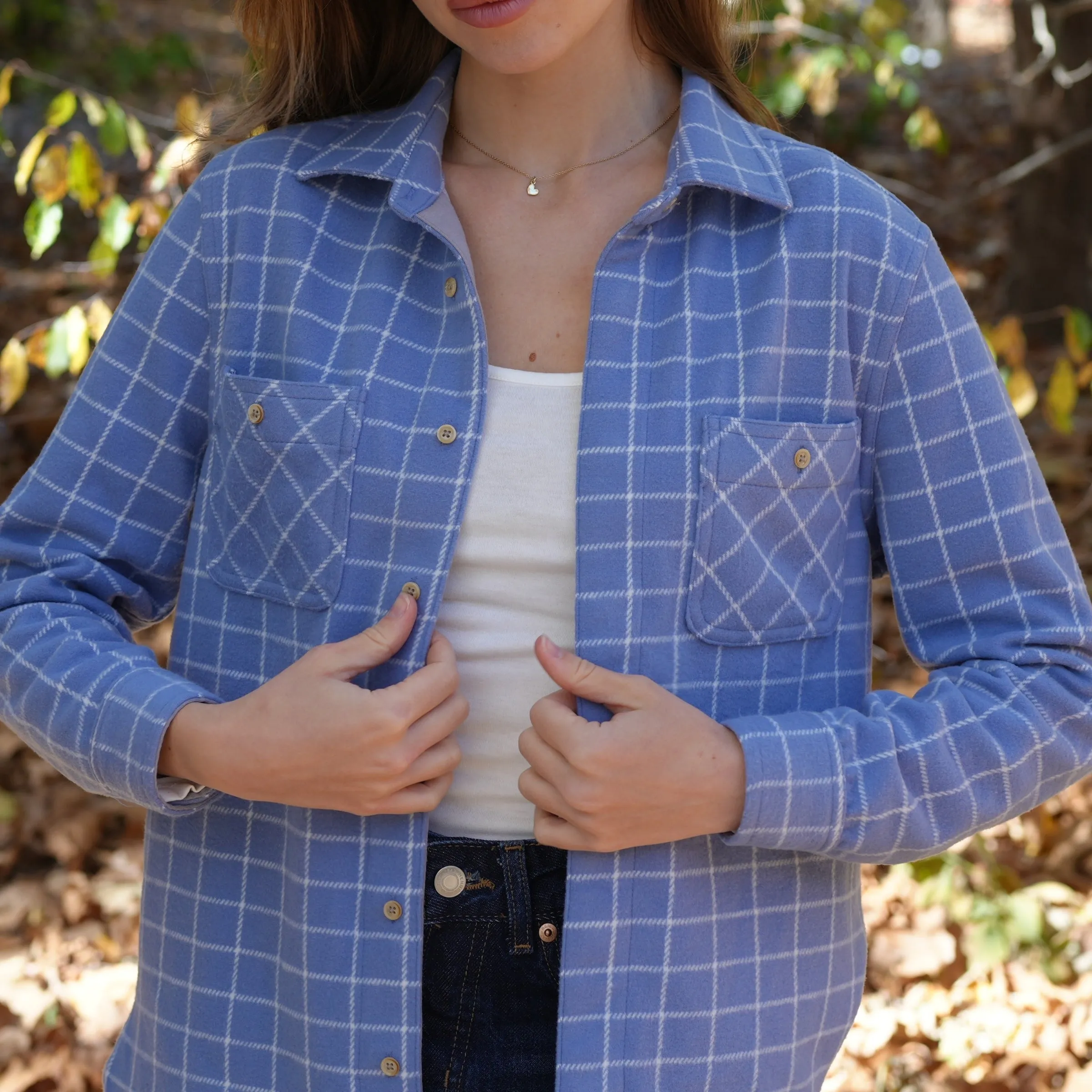 Women's Magnetic Front Curved Hem Blue and White Window Flannel Shirt