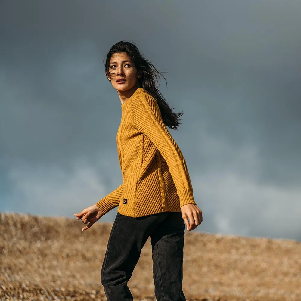 Womens Merino Cable Sweater (Mustard)