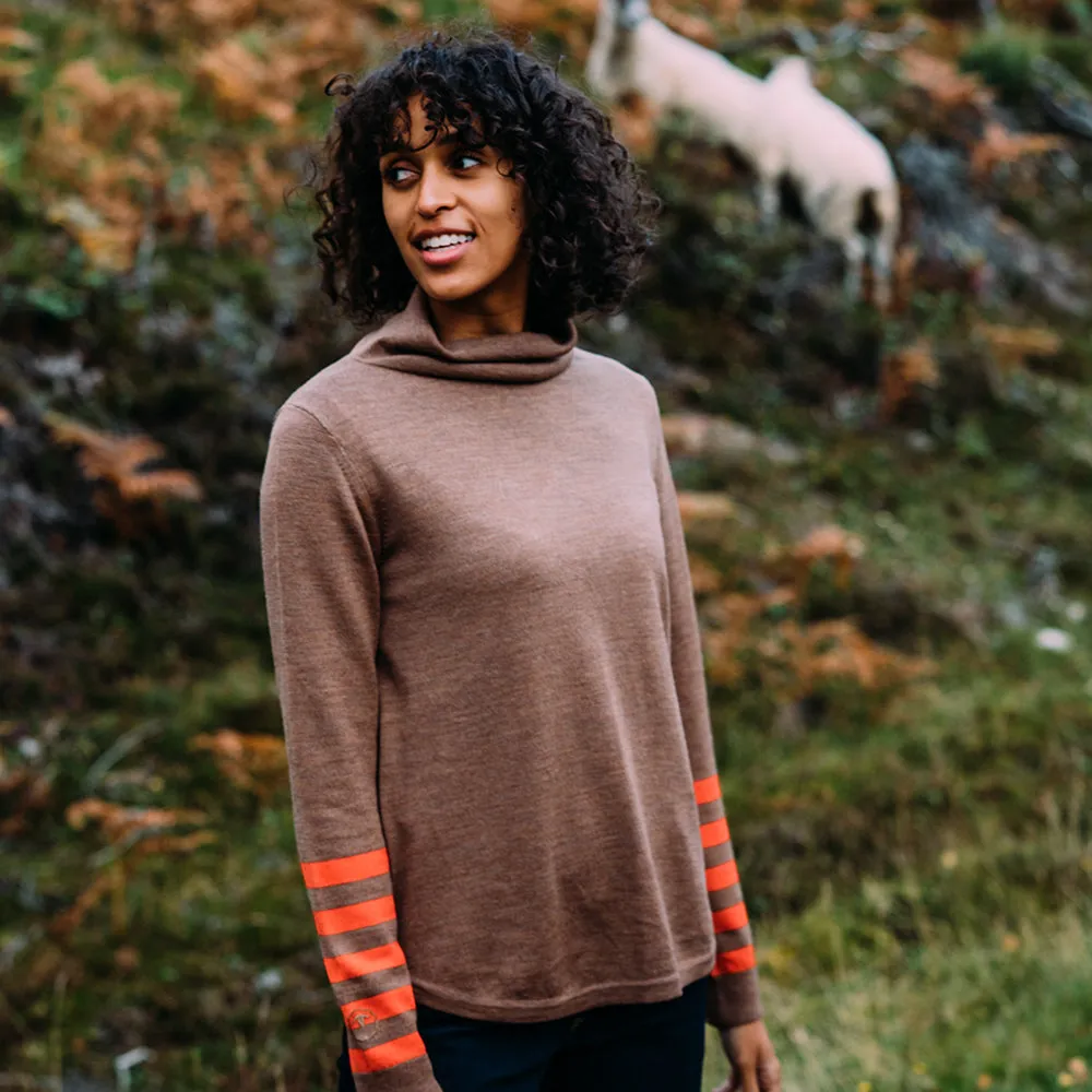 Womens Merino Roll Neck Sweater (Bran/Orange)