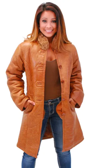 Women's Tan Genuine Sheepskin Fur Lined Trench Coat #L1319HN ()