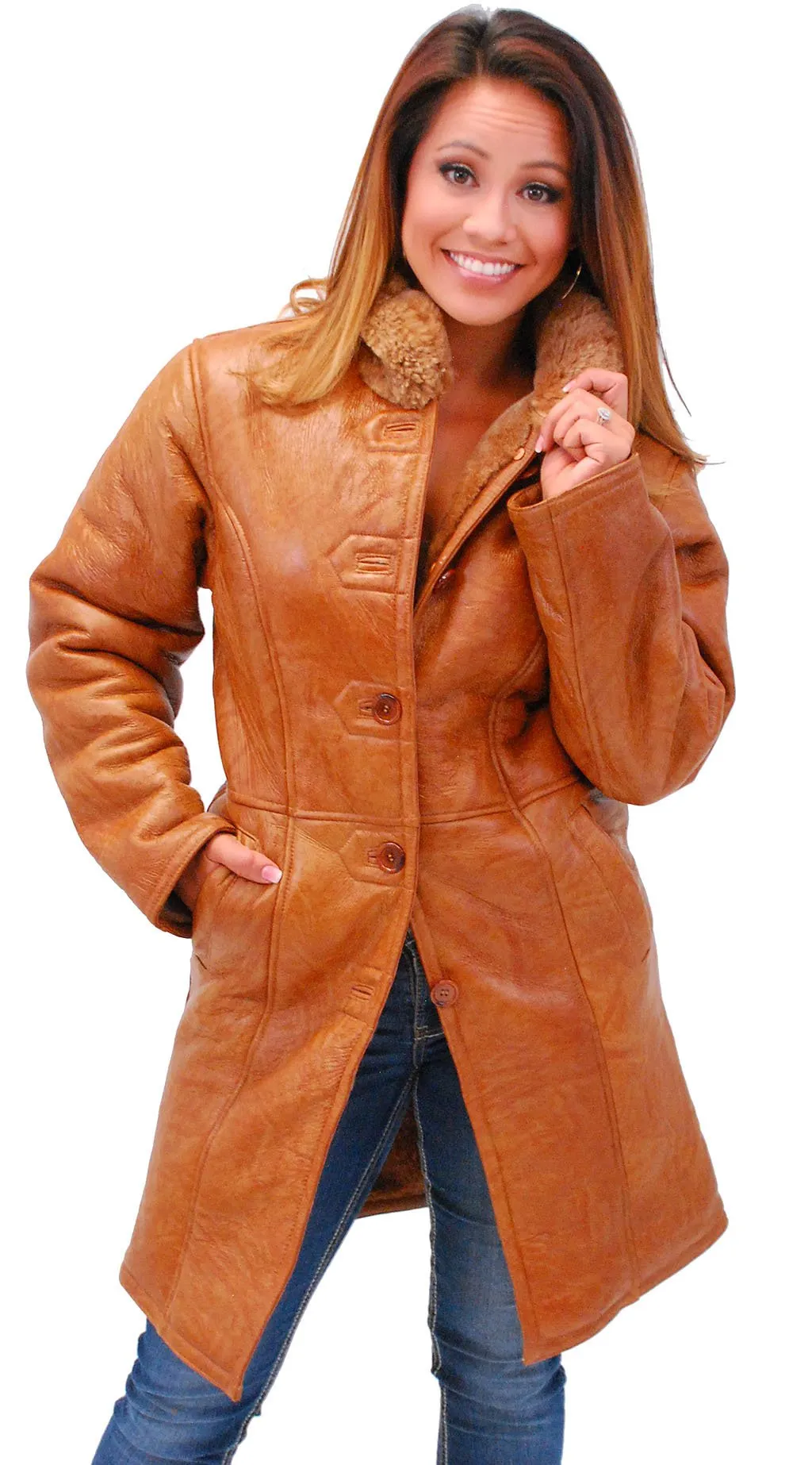 Women's Tan Genuine Sheepskin Fur Lined Trench Coat #L1319HN ()