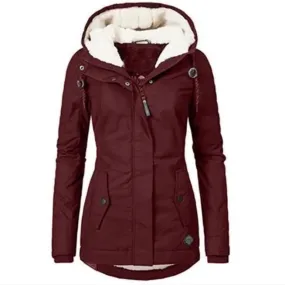 Women's Warm Winter Jacket Mid Long with Hood, Full Zipper, Polyester Fiber Filling, Solid Color