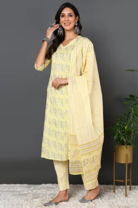 Yellow Pure Cotton Floral Printed Straight Suit Set