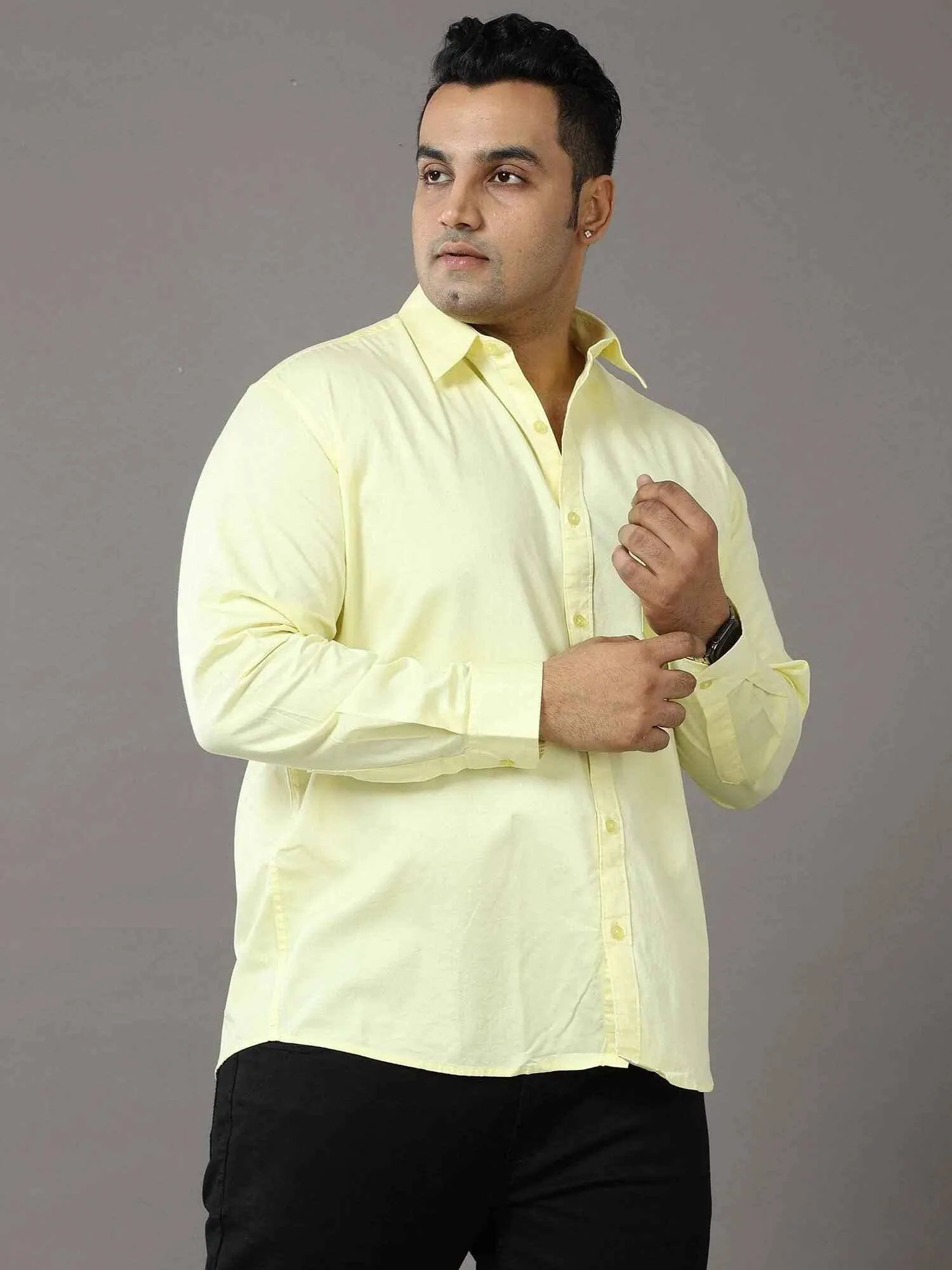 Yellow Solid Pure Cotton Shirt Men's Plus Size